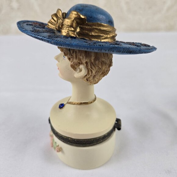 Set of 2 Trinket Boxes Ladies Wearing Hats Floral Accents on Base Resin Crystal - Picture 4 of 16